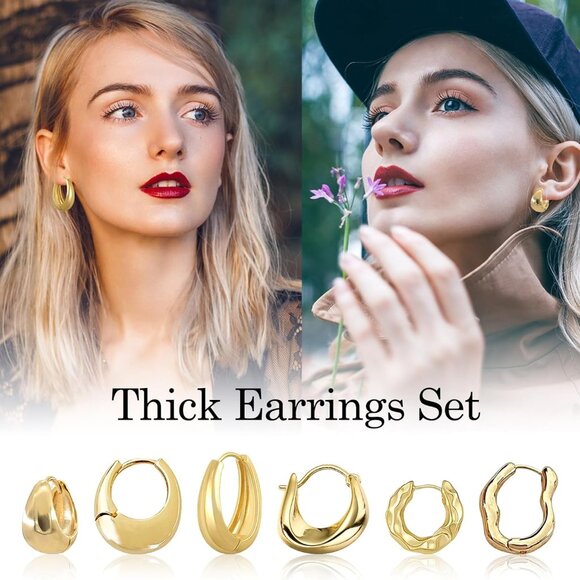 6 Pairs Gold Hoop Earrings Set for Women, 14K Gold Plated Huggie Chunky Earring - Picture 6 of 9